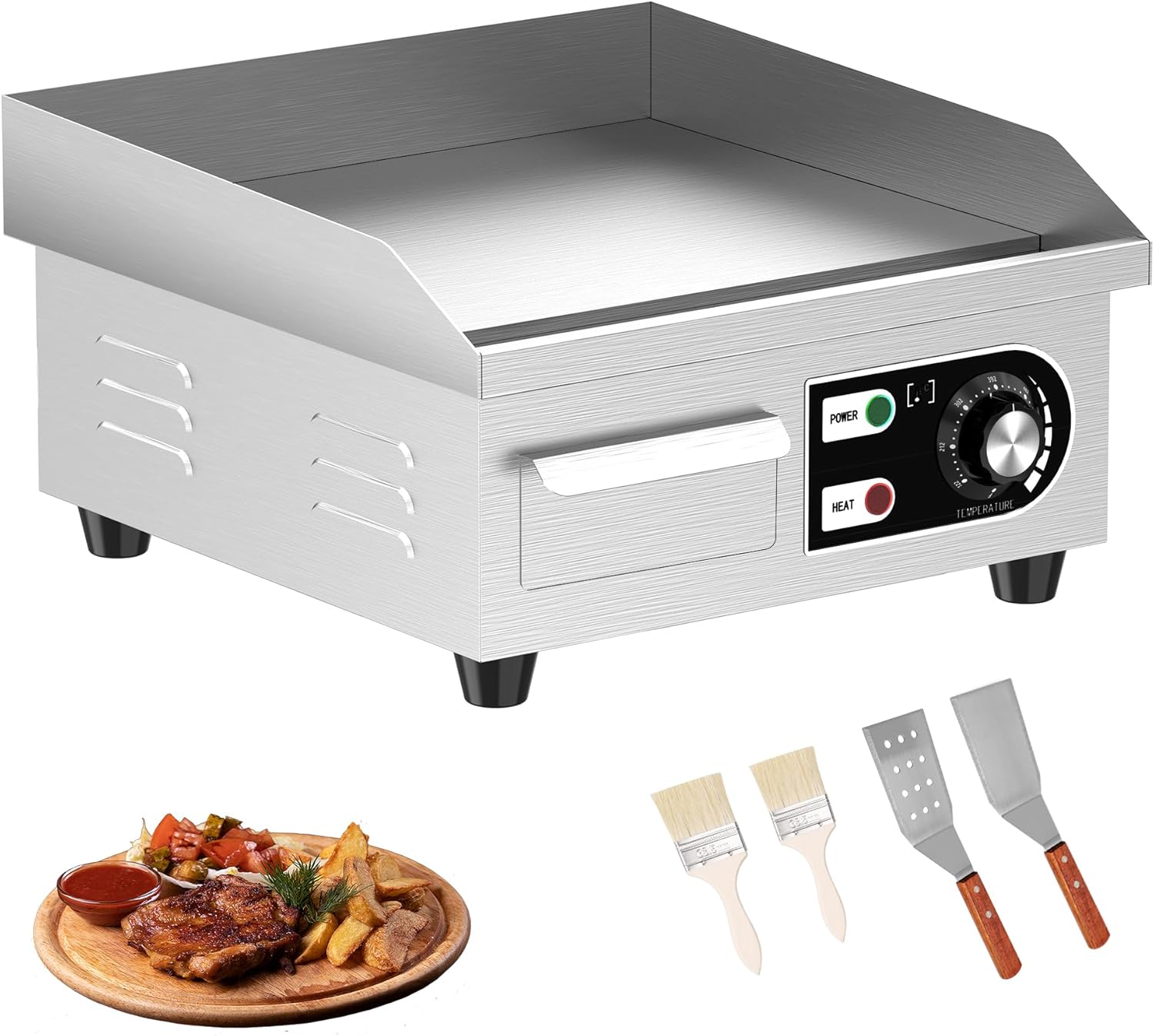 HTTSICHI 14\u2019\u2019 Commercial Electric Griddle - Electric Cast Iron Griddle w\/Stainless Steel Material and Non-Stick, 110V Commercial Griddle w\/ 1\/2" Thick Iron Cooking Plate for Indoor and Restaurant