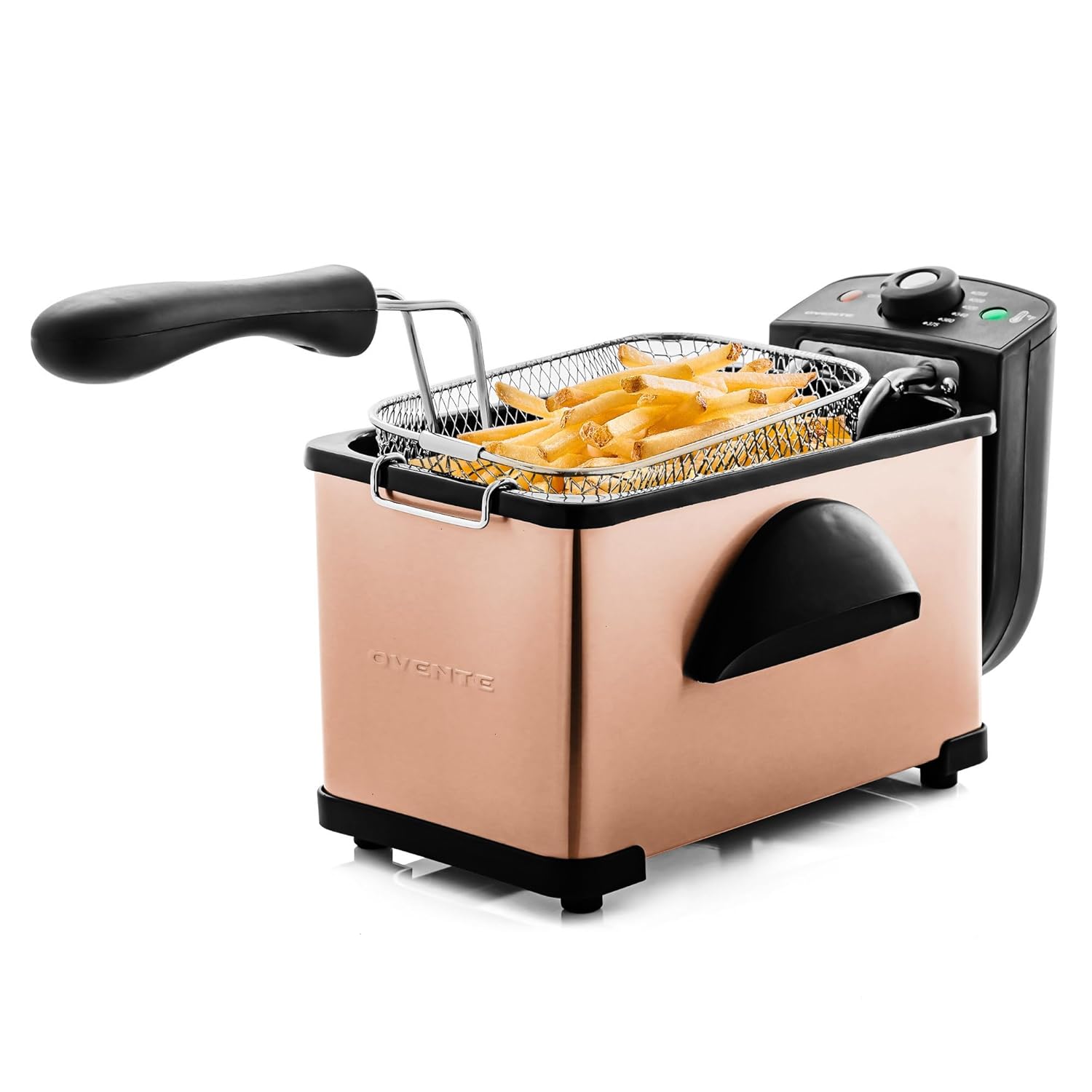 OVENTE Electric Deep Fryer 2L Capacity, Lid with Viewing Window, Adjustable Temperature, Removable Frying Basket & Cool Touch Handle, 1500W Power, Easy to Clean Stainless Steel Body, Copper FDM2201CO