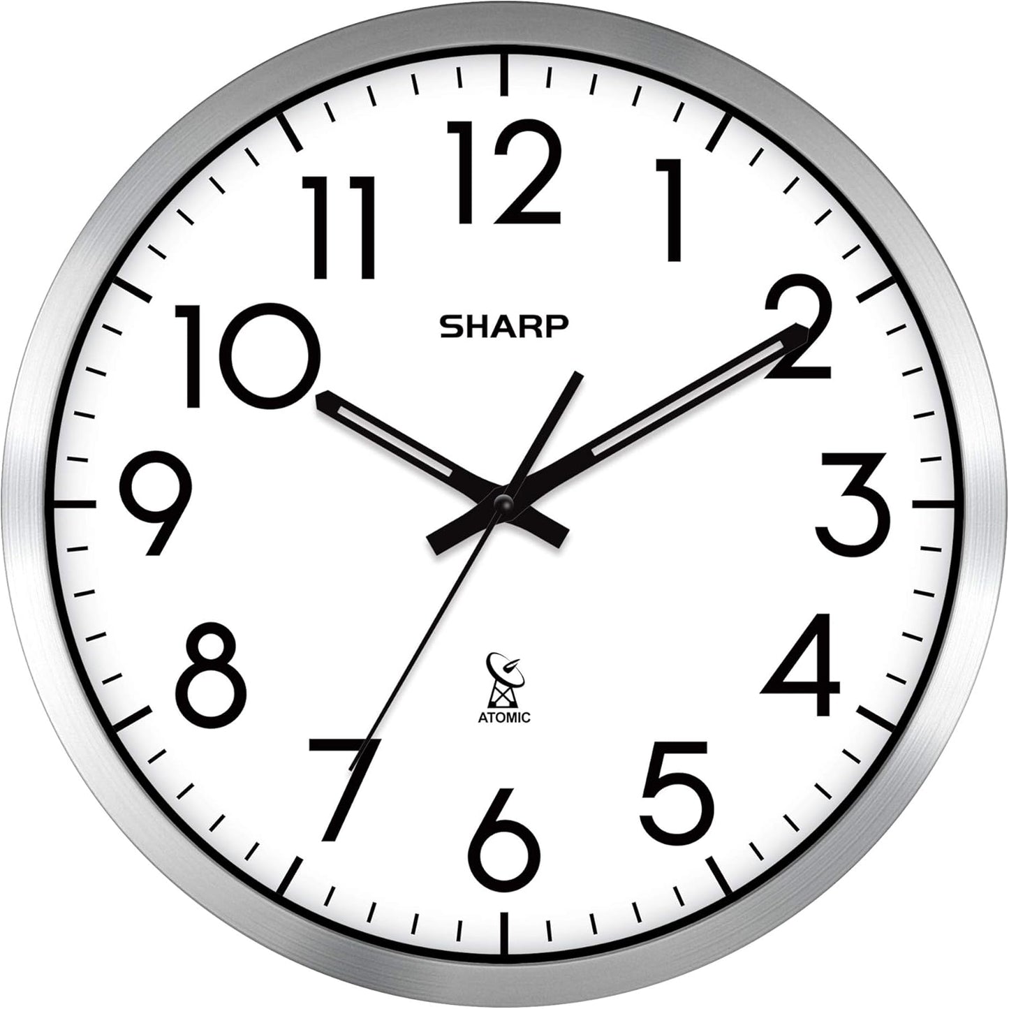 Sharp Atomic Analog Wall Clock - 12" Silver Brushed Finish - Sets Automatically- Battery Operated - Easy to Read - Easy to Use\u2013 Modern Design and Style