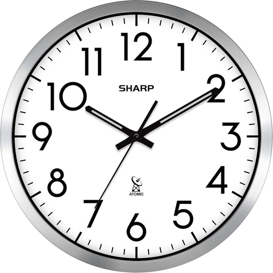 Sharp Atomic Analog Wall Clock - 12" Silver Brushed Finish - Sets Automatically- Battery Operated - Easy to Read - Easy to Use\u2013 Modern Design and Style