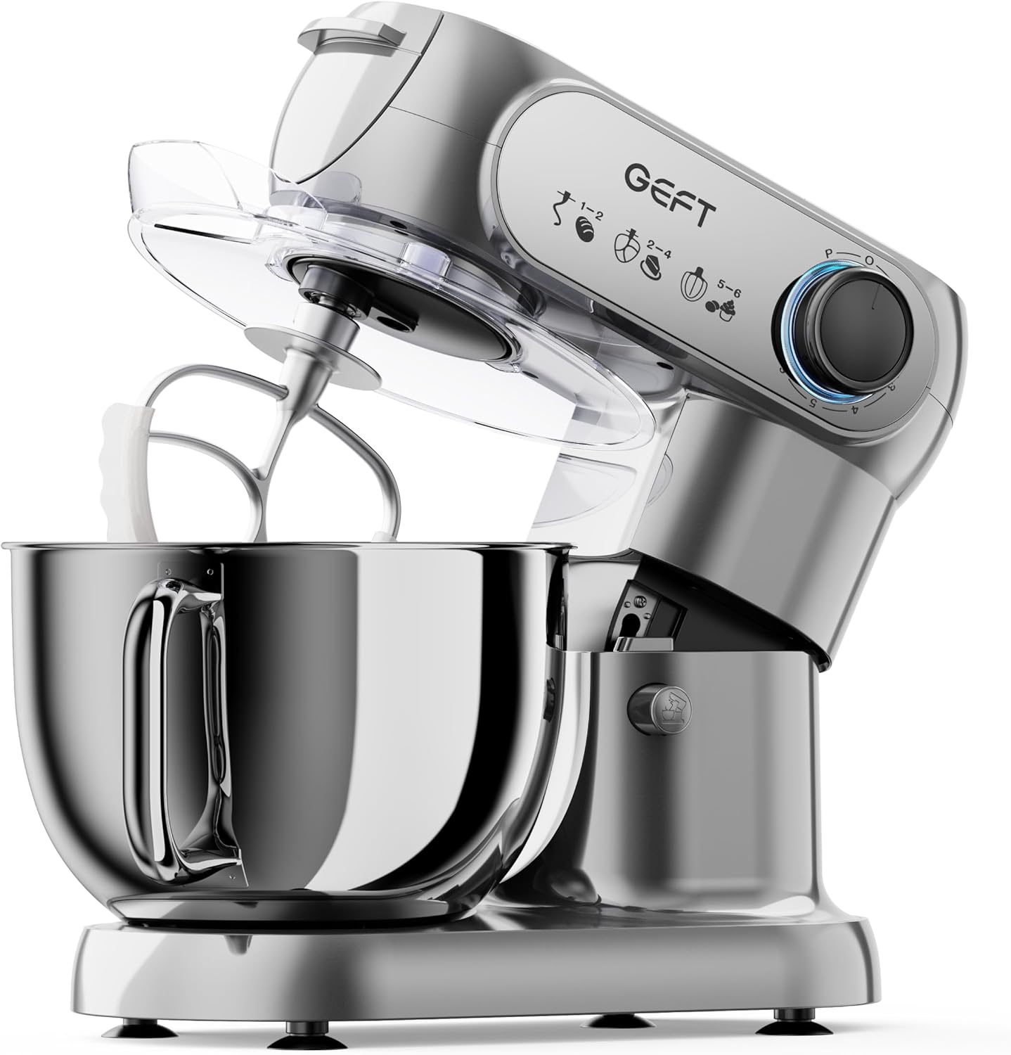 GEFT Stand Mixer, 3.5QT+6QT Two Bowls Kitchen Electric Mixer, 600W 6+P speed Tilt-Head Food Mixer with Stainless Steel Bowl, Dishwasher-Safe Dough Hook, Flat Beater, Wire Whisk, Splash Guard, Grey