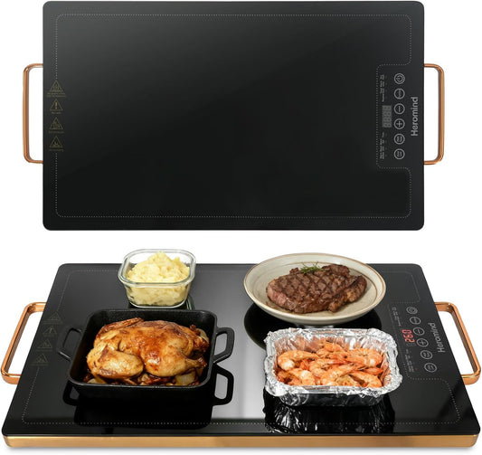 Electric Warming Tray 20" x 12", Glass-Top Full-Surface Food Warmer with Adjustable Temperature & Timer, Warming Trays for Buffets Party, Sabbath, Holiday Parties, Daily Dining