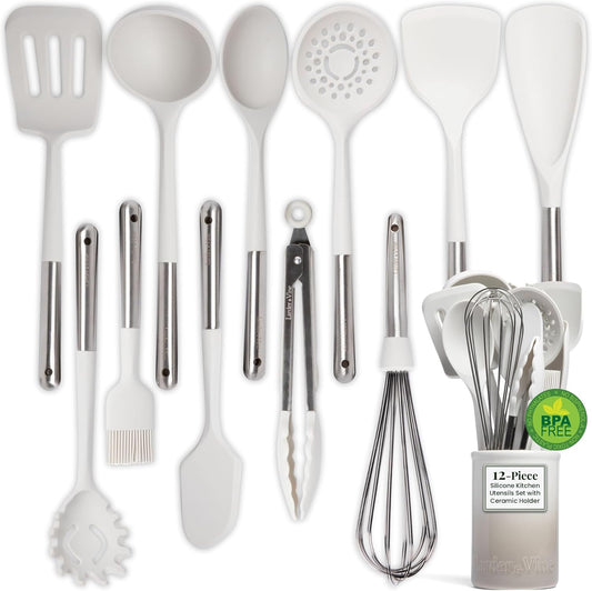 Larder & Vine 12-Piece Silicone Kitchen Cooking Utensils Set with Stainless Steel Handle and Ceramic Holder, Dishwasher Safe Set of Kitchen Essentials (French Gray)
