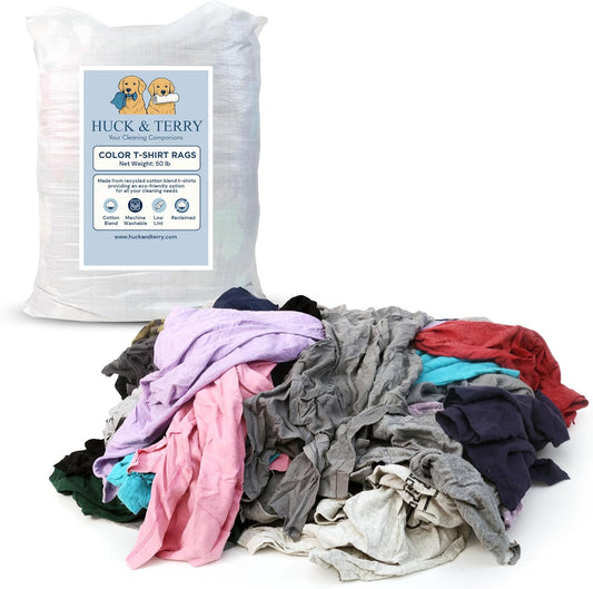 Huck & Terry Tshirt Bag of Rags Multicolored (50LB), Cotton Blend, Paint Cloth and Multipurpose, Kitchen, Auto, Staining Rags, Lint Free Absorbent Washable 18 x 18 in