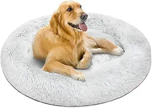 Friends Forever Donut Dog Bed Faux Fur Fluffy Calming Sofa For Large Dogs, Soft & Plush Anti Anxiety Pet Couch For Dogs, Machine Washable Coco Pet Bed with Non-Slip Bottom, 36"x36"x8" Ivory