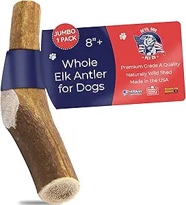 Devil Dog Pet Co. Elk Antlers for Dogs, Jumbo 8"+, 1 Pack, Grade A Long Lasting Chew for Aggressive Chewers, Premium USA Naturally Shed Antler â€“ Healthy, No Odor, Durable Dog Chew