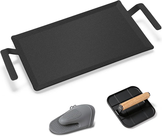 Premium Carbon Steel Griddle Comes with Grill Press, Large Non-Toxic Stovetop Flat Top Pan for Gas, Electric Range, Induction, Grill & Campfire, Pre-seasoned Nitride Coating, Oven Safe to 1200°F