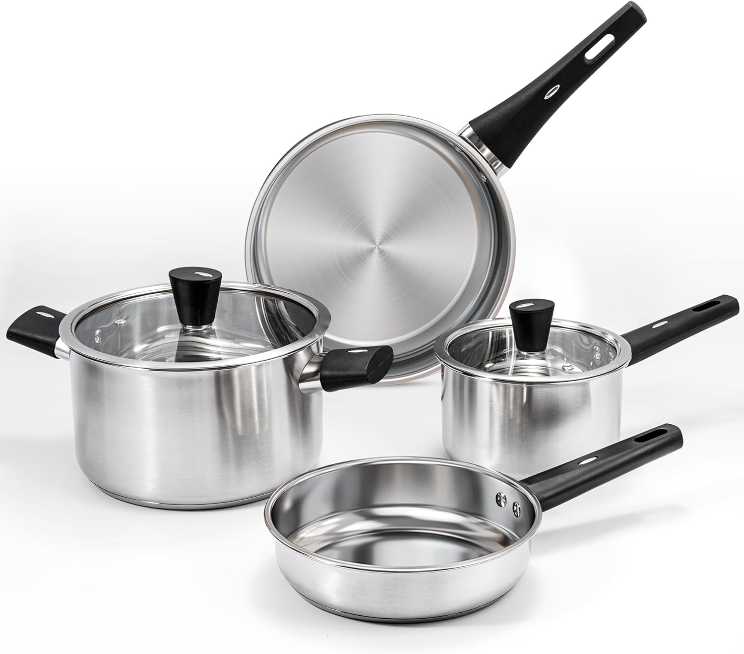 6-Piece Stainless Steel Pots and Pans Set, Kitchen Cookware Set with Stay-Cool Handles Compatible with Gas, Electric & Induction, Dishwasher Safe, Non-Toxic & Durable for Everyday Cooking