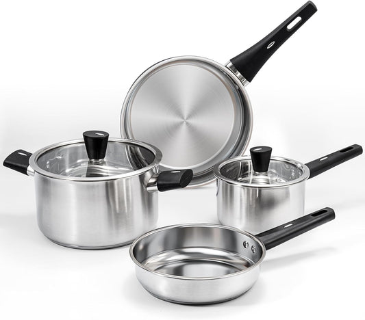 6-Piece Stainless Steel Pots and Pans Set, Kitchen Cookware Set with Stay-Cool Handles Compatible with Gas, Electric & Induction, Dishwasher Safe, Non-Toxic & Durable for Everyday Cooking