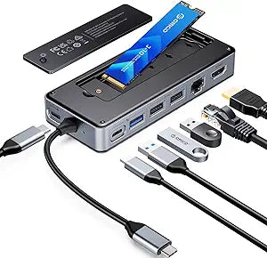 ORICO USB-C Hub with M.2 SSD Enclosure, 8-in-1 USB C Docking Station Fits M.2 NVMe/SATA SSD, 10Gbps, 4K@60Hz HDMI, 100W PD, Ethernet - OM28PR