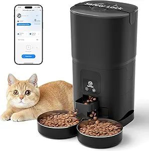 PAPIFEED Automatic Cat Feeder for 2 Cats, 2.4G WiFi Cat Food Dispenser with App Control, 7L Slow Feed Pet Feeder with 2 Stainless Bowls for Cats & Dogs, 12 Portions 10 Meals Daily - Black