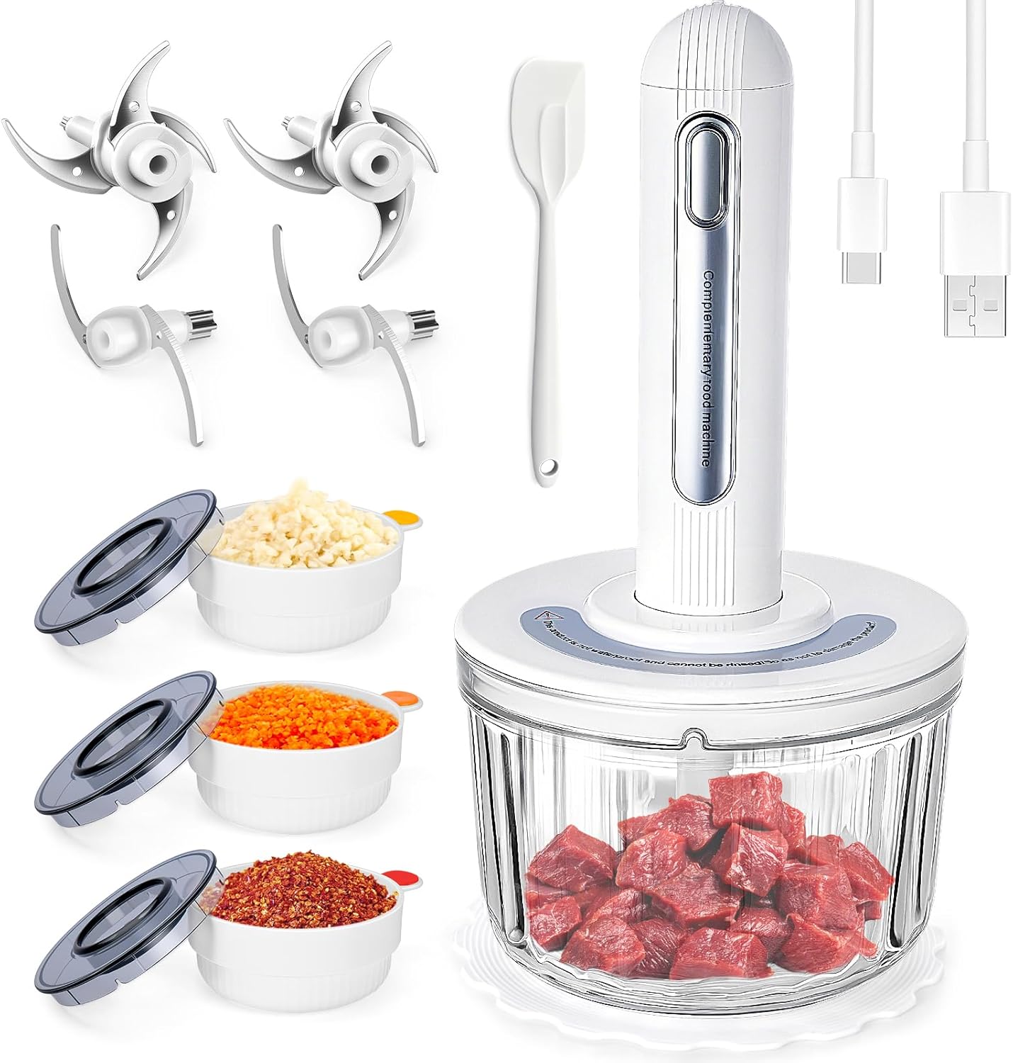 Glass Food Processor Small, USB Charging Wireless Electric Meat Grinder with 4 Blades & 4 Bowls (1x8 Cup+3x0.5 Cup), Mini Chopper Food Processor for Home Use, Onion, Garlic, Ginger, Baby Food
