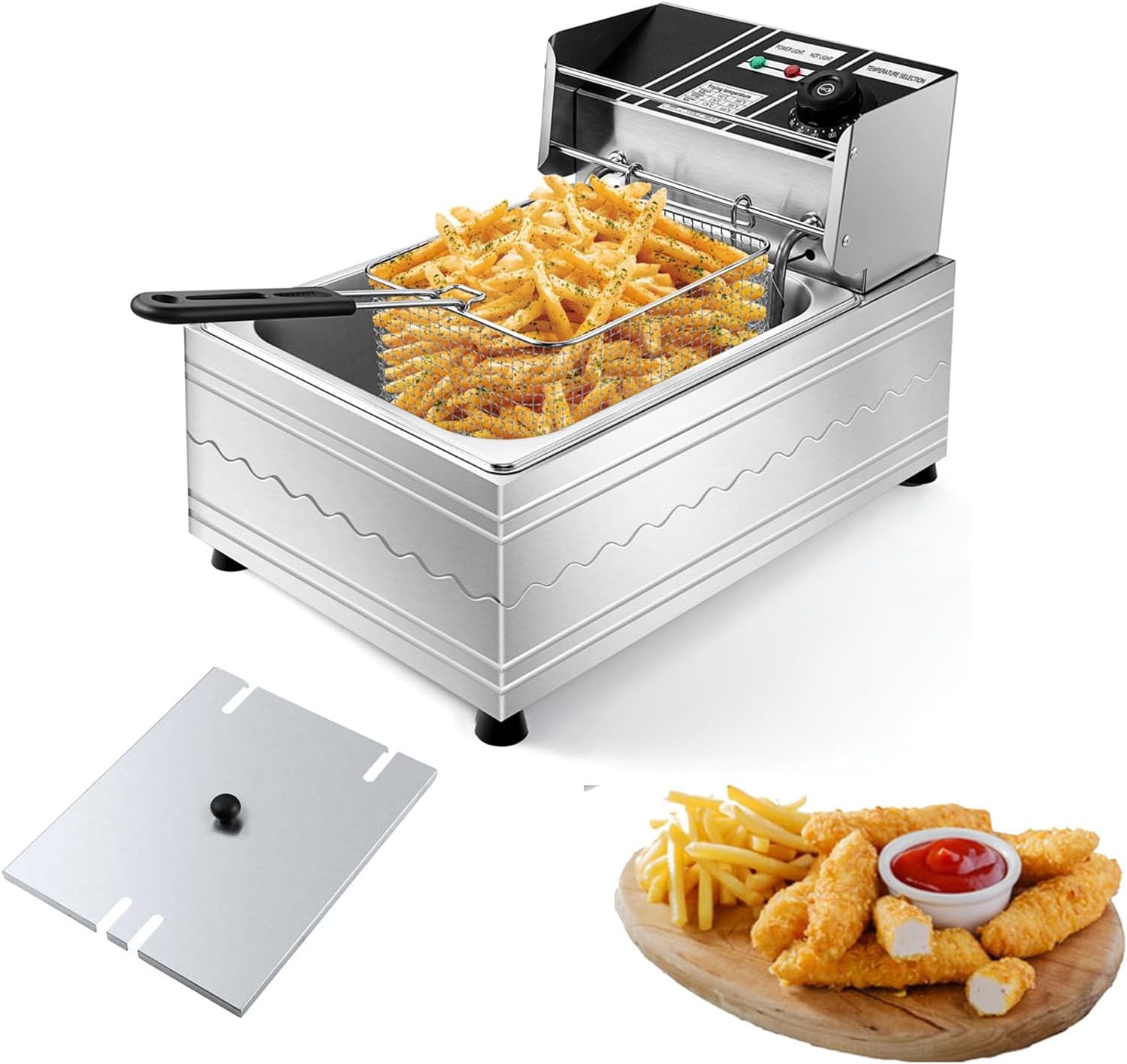 1600W 6 Liters Large Electric Deep Fryer with 1 Frying Baskets, Electric Fryer for Home and Commercial Use, Adjustable Temperature，Countertop Stainless Steel Body for Home Kitchen and Restaurant, 110V