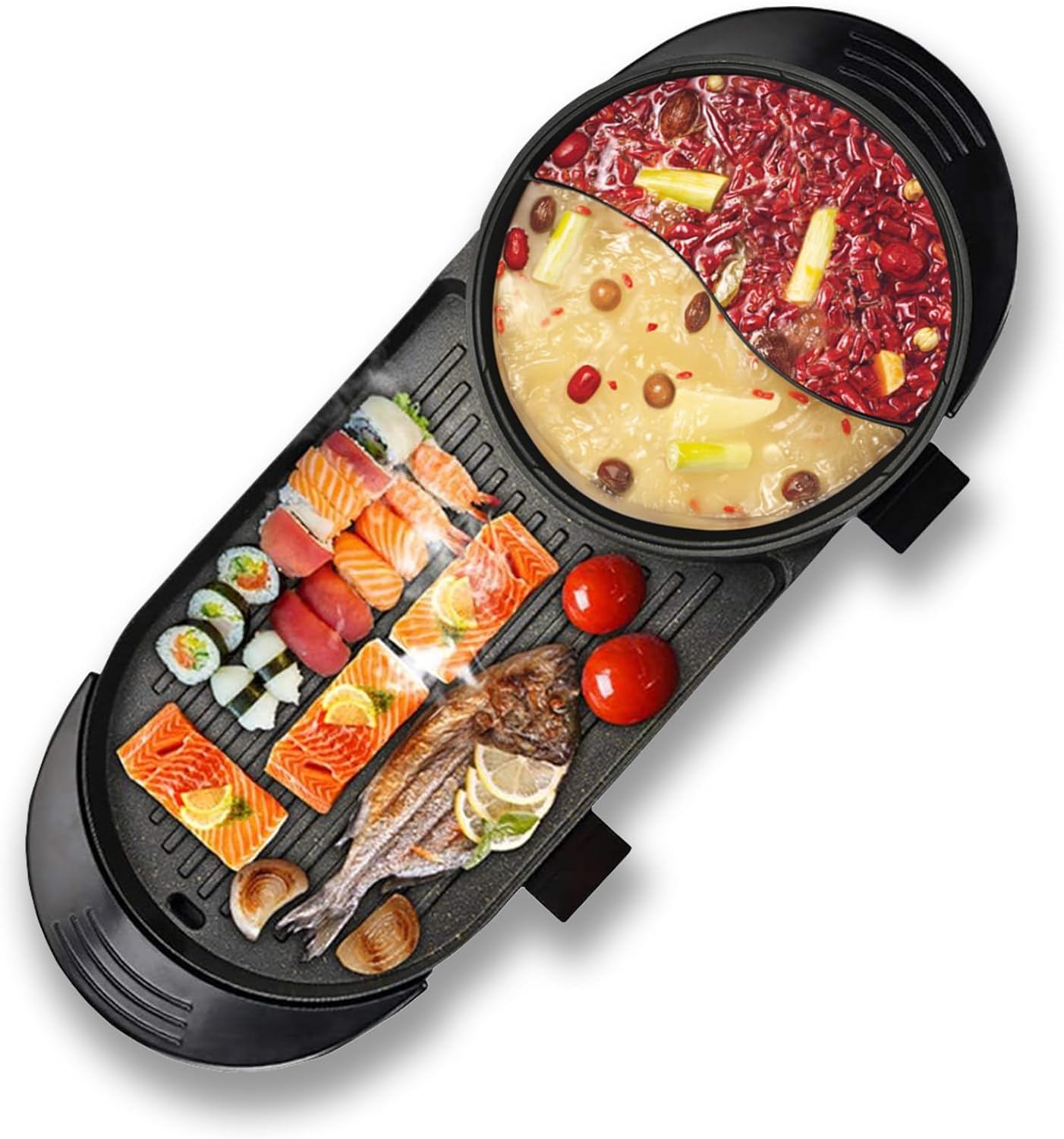Hot Pot with Grill 2 in 1 Indoor 1500W Smokeless Electric Non Stick BBQ Grill Shabu with Separate Dual Temperature Contral for 2-12 People Household Dinner and Party