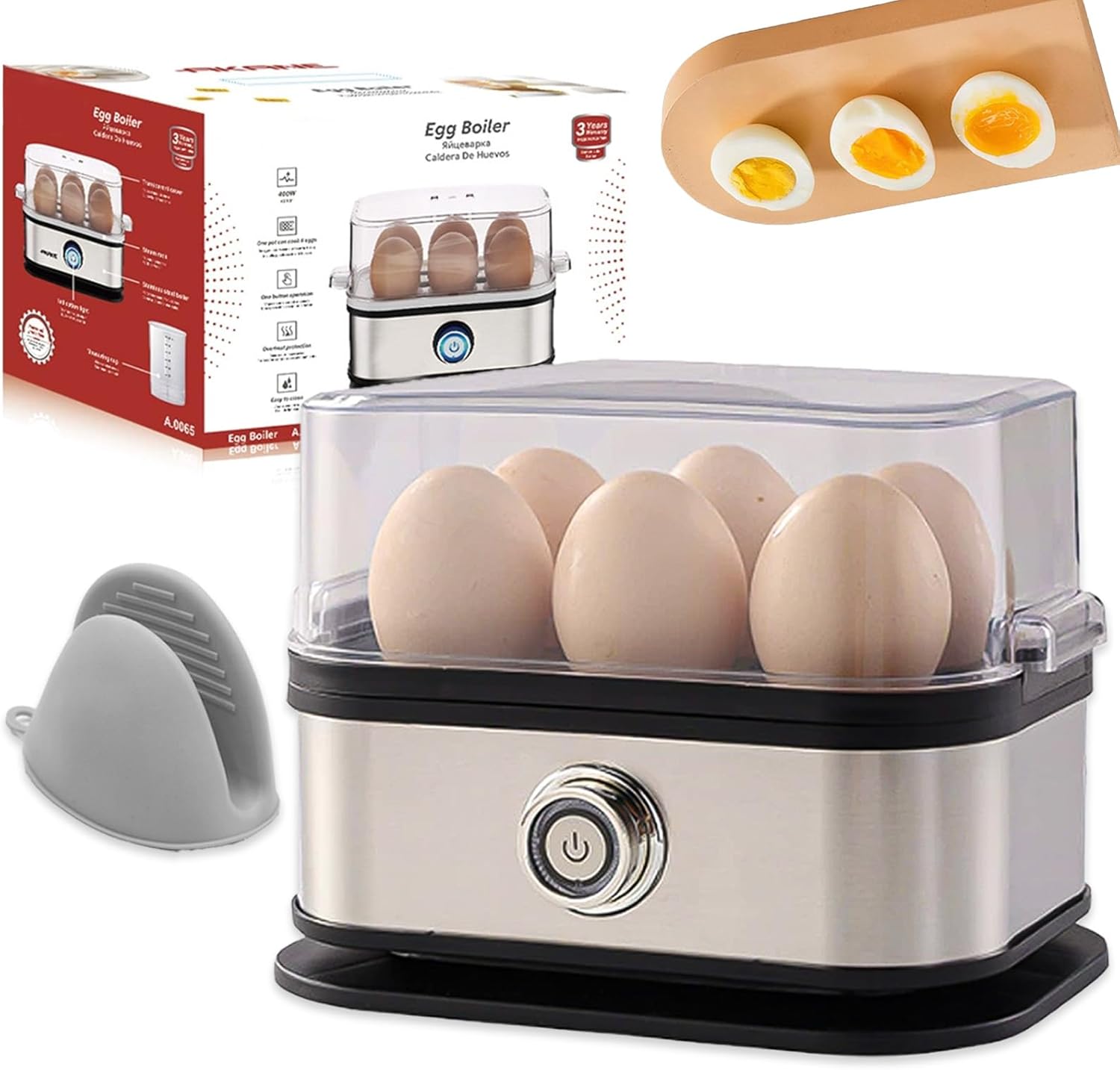 Smart Egg Cooker with Auto Shut, Effortless Egg Cooking with The Ultimate Stainless Steel Egg Cooker, Electric Rapid Boiler for 6 Eggs, with A Silicone Insulation Clip (1PC)