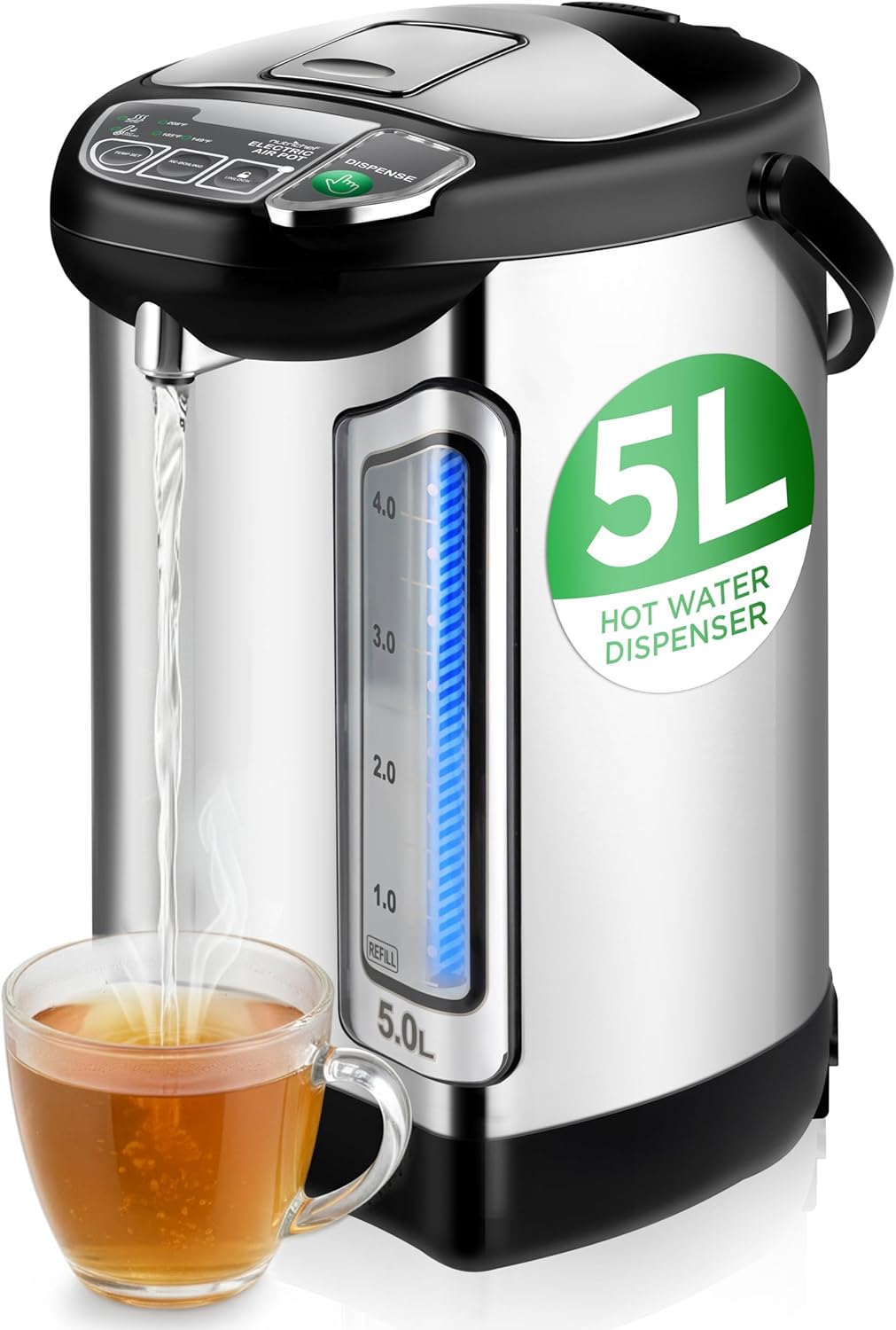 NutriChef Electric Water Boiler and Warmer - 5L\/5.28 Qt Stainless Steel Hot Water Dispenser w\/Rotating Base, Keep Warm Temperature Set, Auto Shut Off, Safety Lock, Instant Heating for Coffee & Tea