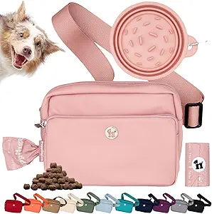 Puppington 3-in-1 Crossbody & Dog Treat Pouch for Pet Training - Matching Compostable Poop Bags, Built-In Poop Bag Dispenser & Slow-Feeding Travel Dog Bowl - Dog Walking Bag (Blush Pink)