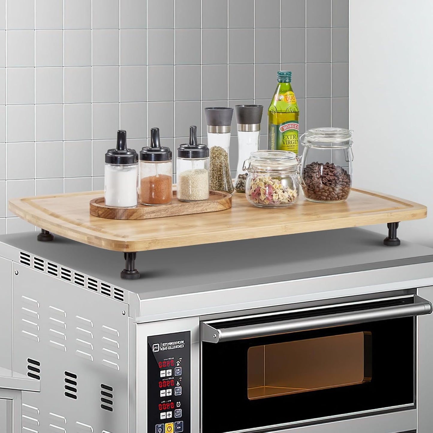 Bamboo Stovetop Cover, 30" x 20" Extra Large Countertop Cutting Board with Juice Grooves & Adjustable Legs, Dual-purpose Chopping Board for Electric Stove Burner, RV Camper Gas Cook Top Cover