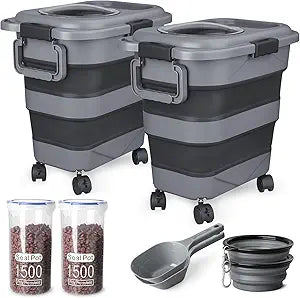 Dog Food Storage Containerï¼Œ2 Pack 25 lbs Airtight Collapsible Cat Food Storage Container with Attachable Wheels, Portable Handle, Dog Food Scoop for Dog Cat Bird Pet Dry Food Storage Bin Large