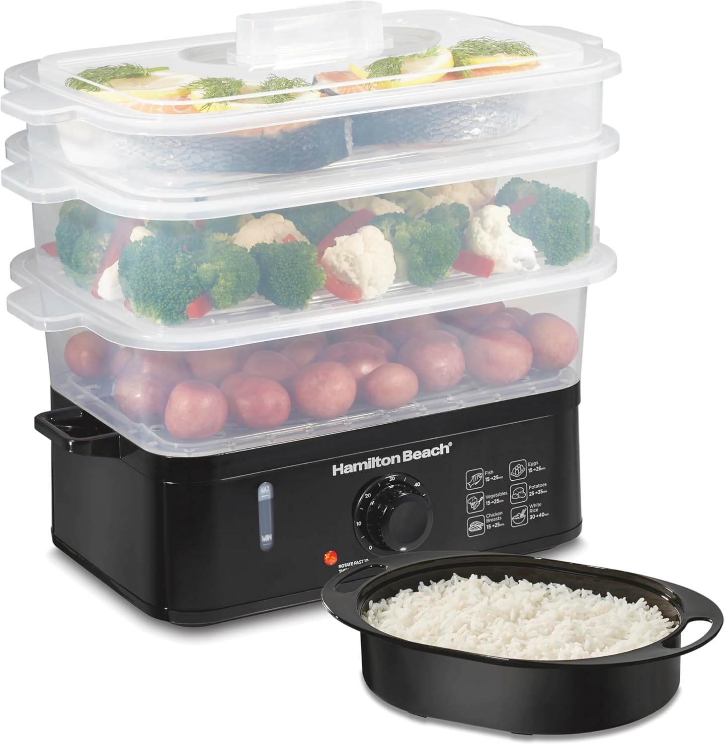 Hamilton Beach Electric Food Steamer, Rice Cooker & Egg Boiler for Quick, Fast Healthy Cooking with Stackable Three-Tier Bowls for Vegetables and Seafood, 9.5 Quarts, Auto Shutoff, Black (37430)