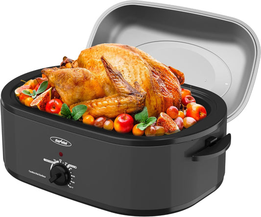 Sunvivi Roaster Oven with Self-Basting Lid, 20 Quart Electric Roaster with Removable Pan & Rack, 150-450°F Full-Range Temperature Control with Defrost/Warm Function, Stainless Steel, Grey