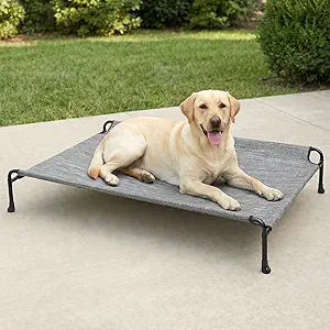 Veehoo Outdoor Elevated Dog Bed with Headrest Sides, Raised Dog Beds for Large Dogs, Washable Cooling Dog Cot with Non-Skid Feet, Breathable Mesh, Pet Hammock for Indoor or Camping, 41", Black Silver