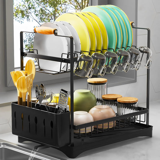PXYHMUS 2-Tier Large Dish Drying Rack for Kitchen Counter with Drainboard and Cutlery Holder, 2 Tier Dish Drying Rack, Black,16.54" D x 11.81" W x 17.71" H