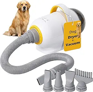 Dog Dryer & Vacuum (2 in 1) - 5.09HP/3800W High Velocity pet Dryer, Control Speed & Temperature, Low Noise Pet Dryer & Dog Grooming Vacuum for Shedding with 4 Nozzles for Home Pet Grooming