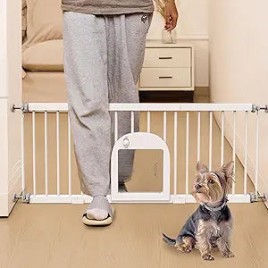 No Pawblems Dog Gate with Small Pet Door, 16"-42.7" Adjustable Metal Short Dog Gate to Step Over, 16.5" Tall Small Pet Gate with 3 Extension Kits, Pressure Mounted Gate for Doorways & Stairs, White