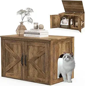 Giantex Cat Litter Box Enclosure - Flip Top Litter Box Hidden Furniture with Barn Door, Side Entrance, Inner Divider Path, Farmhouse Wooden Cat Washroom Pet House, Fit Most of Litter Box, Brown