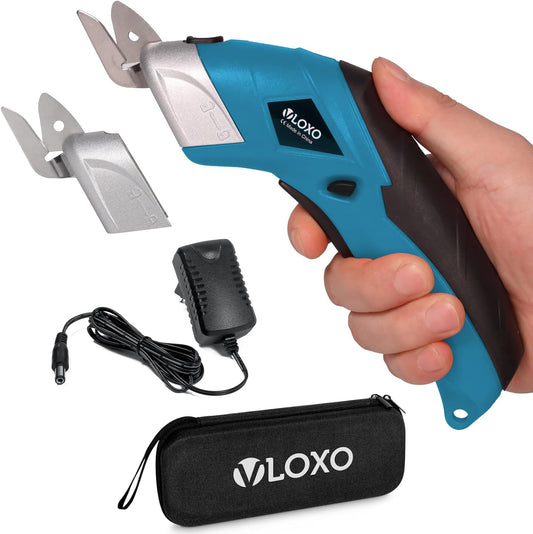 VLOXO Cordless Electric Scissors Electric Box Cutter with 2 Type Blades Rechargeable Cordless Scissors Powerful Shears Cutting Tool Cardboard Cutter for Fabric Cardboard Carpet Leather Felt Blue