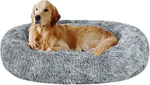 Coohom Oval Calming Donut Cuddler Dog Bed,Shag Faux Fur Cat Bed Washable Round Pillow Pet Bed(30"/36"/43") for Small Medium Dogs (XL(36"x27"x7"), Grey)