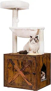 Hey-brother Cat Tree with Litter Box Enclosure, All-in-one Cat Tower for Indoor Cats with Large Hammock, Bed, Food Station, Scratching Posts, Modern Style Pet Furniture, Rustic Brown MPJ100SR