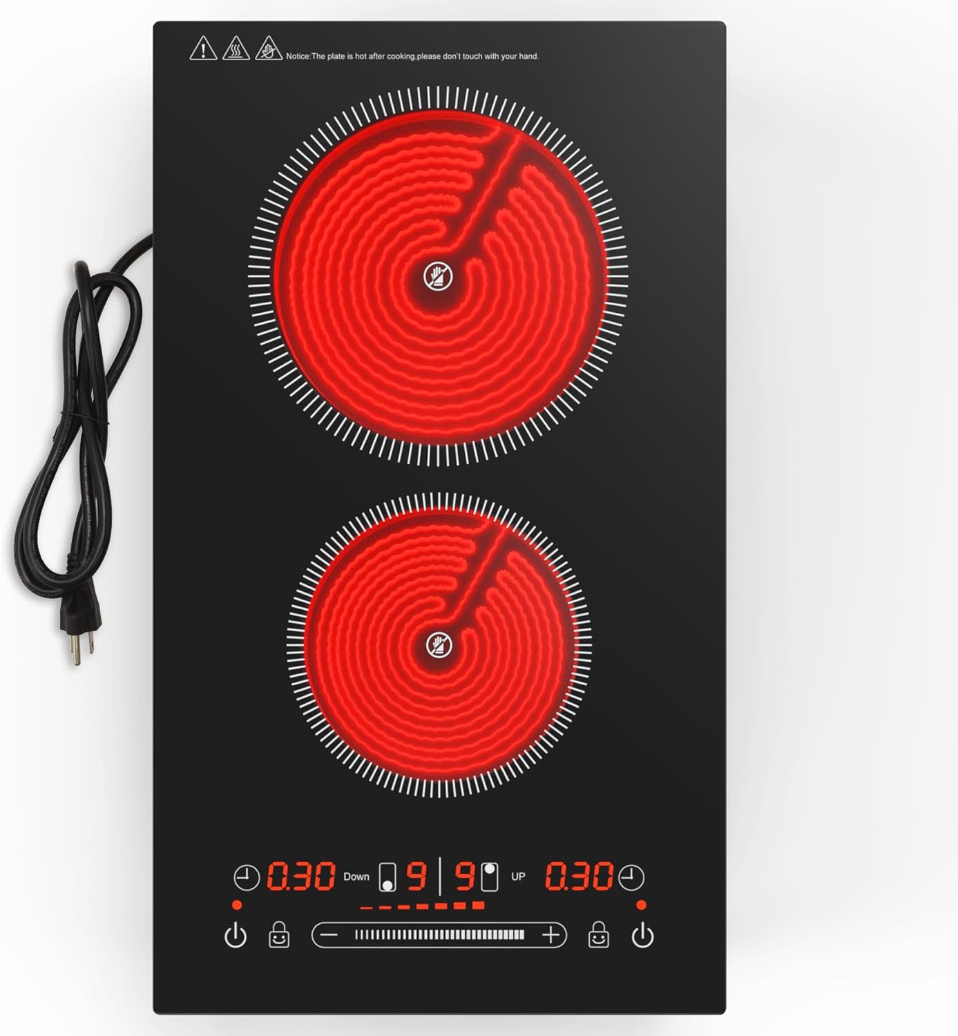 ZCCQ Electric Cooktop 110V,2400W 2 Burner Electric Cooktop,Countertop and Built-in Stove top with11 Power Levels,Child Safety Lock, Timer, LED touch control,Overheat Protection