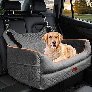 Dog Car Seat for Large/Medium Dogs - Memory Foam Dog Booster Seat for Under 55Lbs or 2 Small Dogs-Detachable and Washable Travel Bed with Thick Cushion and Storage Pockets-Grey