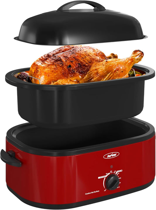 Sunvivi Electric Roaster,18 Quart Roasting Oven with Self-Basting Lid Removable Pan,Turkey Roaster Oven with 150 to 450F Temperature Control Cool-Touch Handles,Red