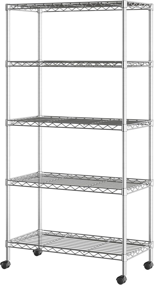 Seville Classics 5-Tier Wire Shelving with Wheels, 5-Tier, 30"" W x 14"" D (NEW MODEL), Chrome Plating, Plated Steel