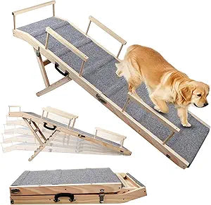 Dog Ramp for Bed, Couch & Car â€“ Adjustable Foldable Pet Ramp, 64.17" Long, 17.72" Wide, Non-Slip Surface with Safety Rails, 8 Heights 20.08"-28.35", Supports 220 lbs, Solid Wood (Gray, 17.72)