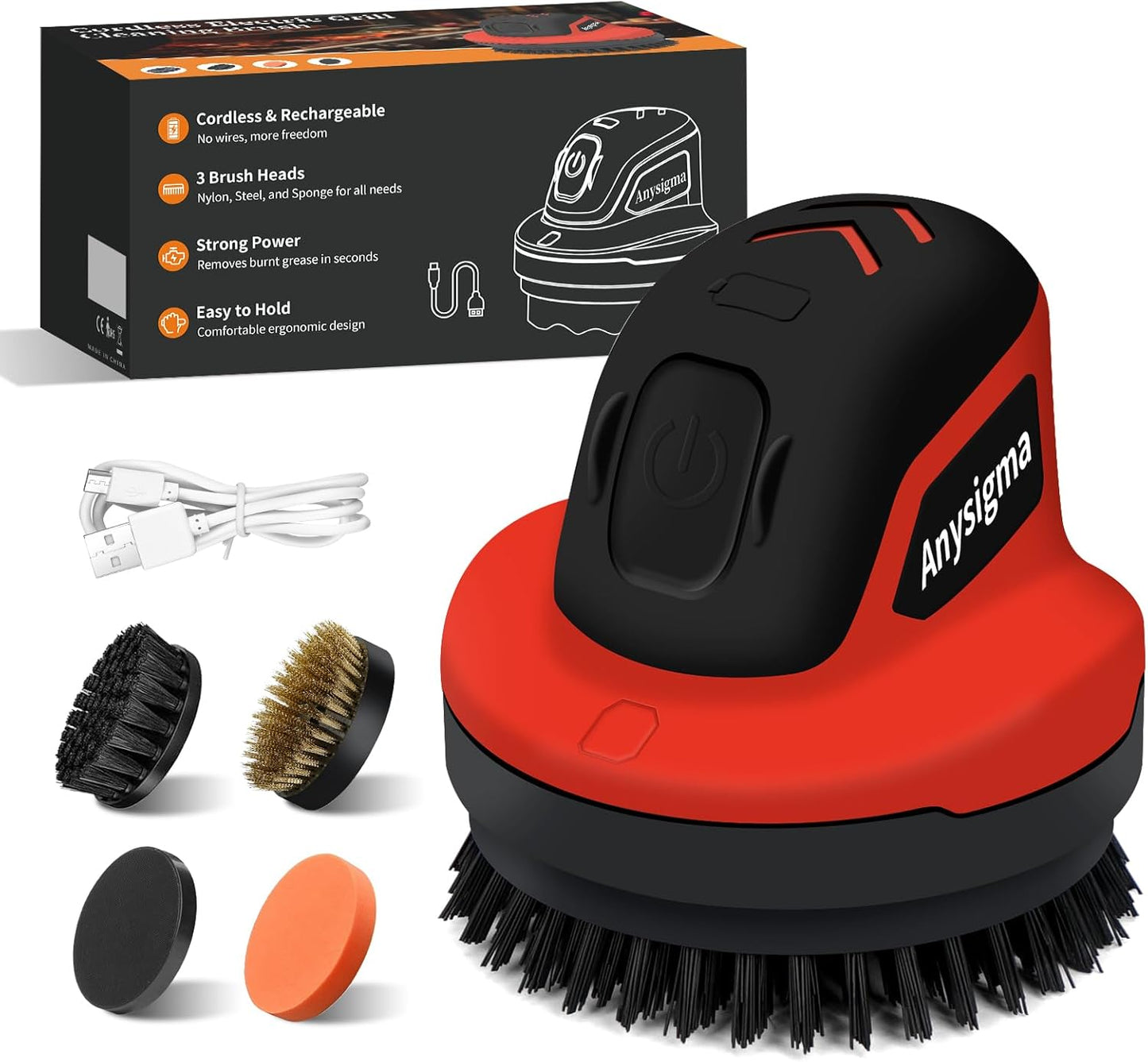 Cordless Electric Grill Brush with Replaceable Heads-Powerful Rechargeable Grill Cleaning Tool Kit for BBQ,Car,Bathroom (Red)