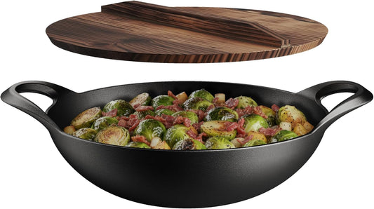 Bakken Pre-Seasoned Cast Iron Wok with Wooden Lid, 14" Stir Fry Pan for Gas, Electric, Induction & Open Fir, Heavy-Duty Flat Bottom Wok with Dual Handles for Even Heating & High-Heat Cooking, 8.8 lbs