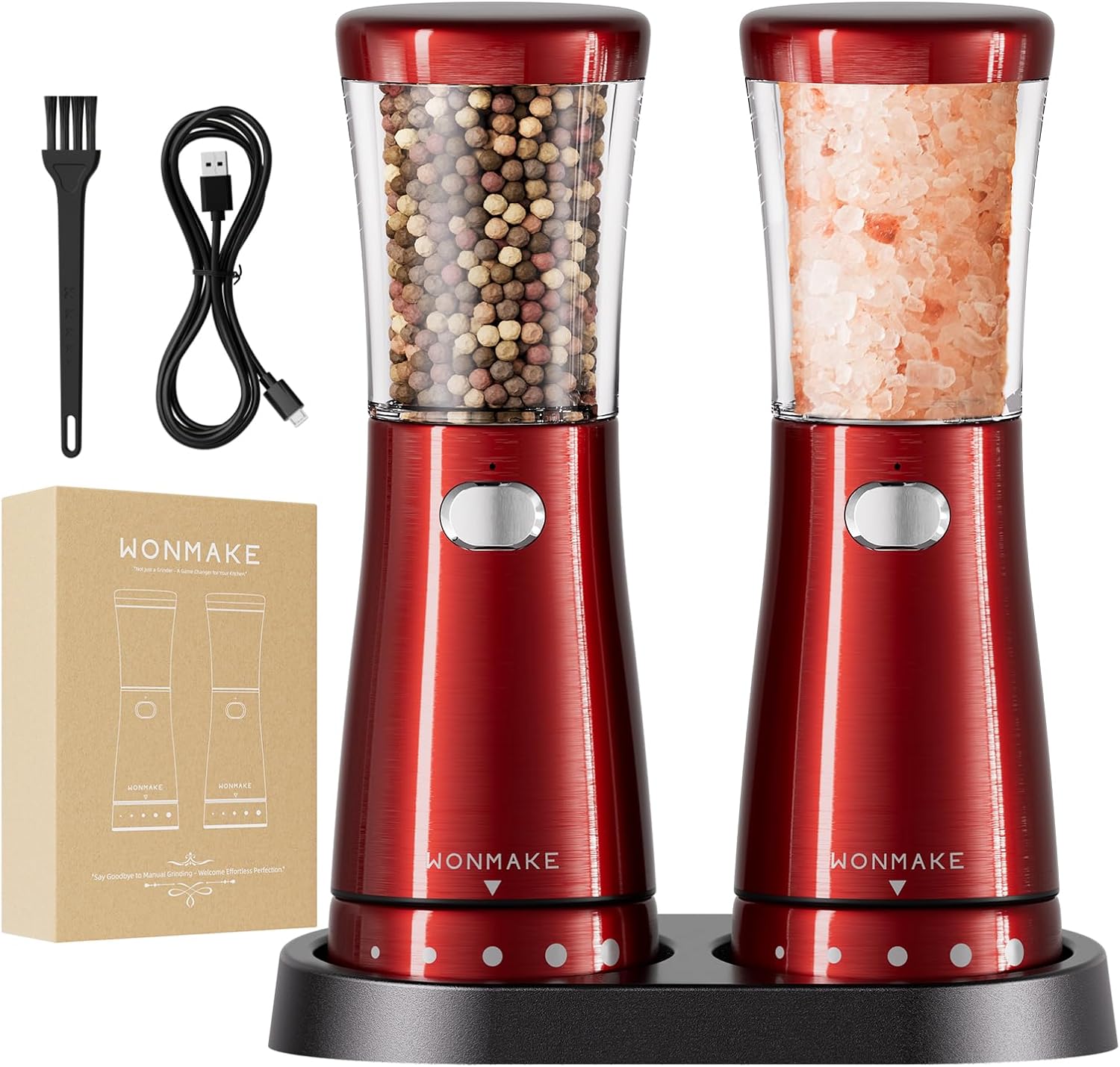 Electric Salt and Pepper Grinder Set with 4.5oz Large Capacity, Stainless Steel Rechargeable Salt and Pepper Grinder with 1.8" Wide Mouth, Storage Base,Adjustable Coarseness, and One-Hand Operation