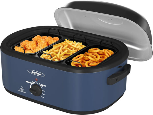 Electric Roaster Oven, 20 QT Roaster with Self-Basting Lid and Buffet Server, Turkey Roaster Oven with 150-450°F Full-Range Temperature Control, Removable Pan & Rack, Stainless Steel, Blue