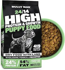 Bully Max Puppy Food 24/14 High Protein & Growth Formula - Dry Dog Food with Lamb & Rice for Small & Large Breed Puppies - Natural, Slow-Cooked, Sensitive Stomach Pet Food - 15lbs (3 bags, 5 lbs each)