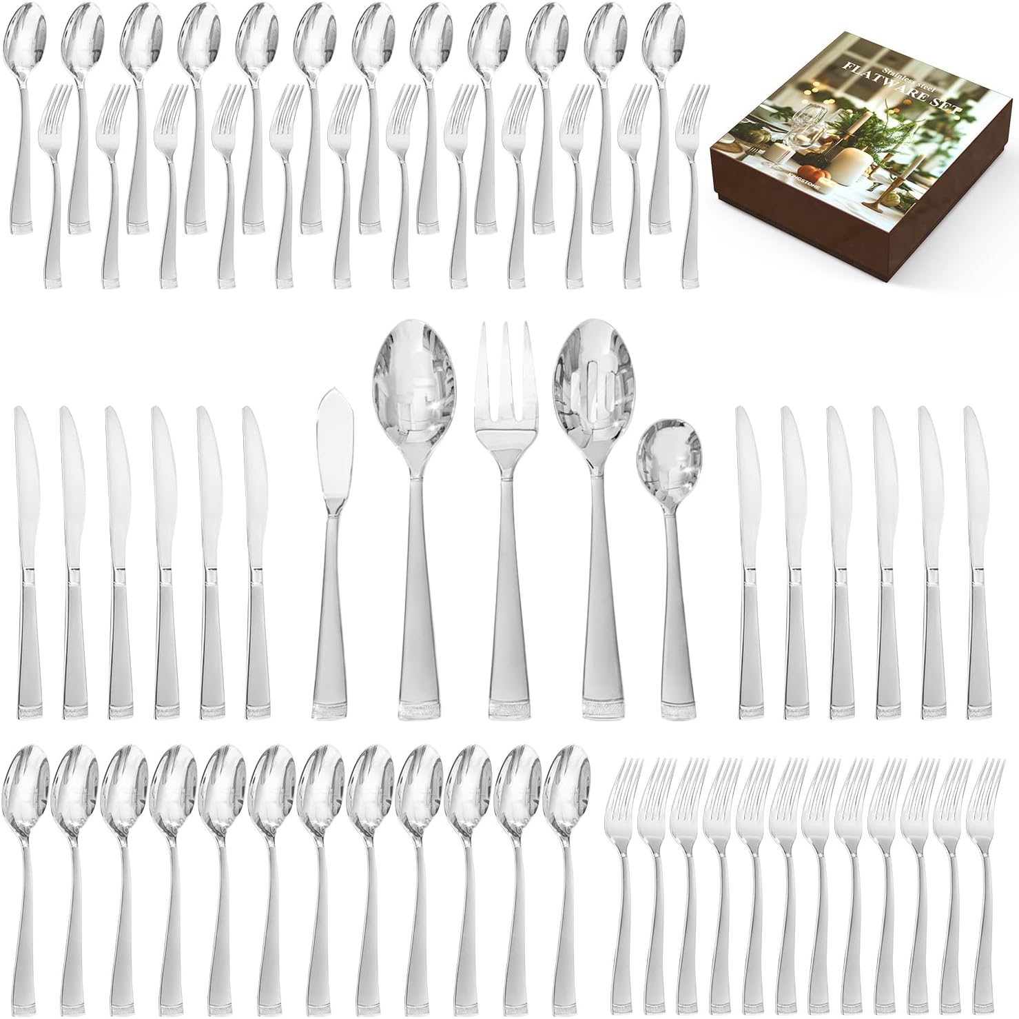 KINGSTONE Silverware Set, 65-Piece Flatware Set for 12, 18\/10 Stainless Steel Cutlery Set with Bead Edge, Utensil for Kitchen, Home, Party, Wedding, Mirror Polished, Dishwasher Safe, Featured Gifts
