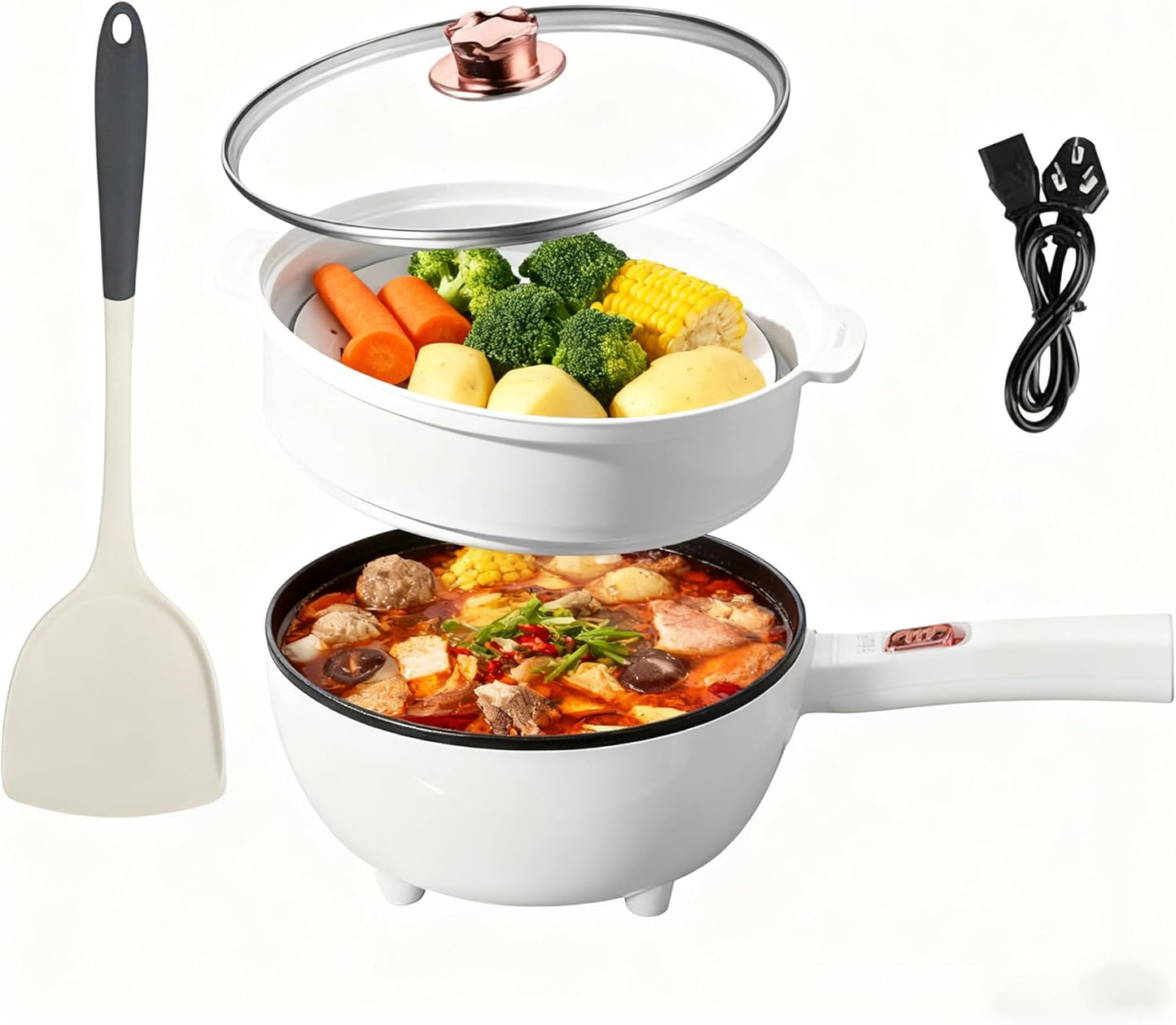Electric Hot Pot Portable Travel Cooker Non-Stick Frying Pan with Steamer Long Handle Dual Power Control for Travel Dorm Home RV