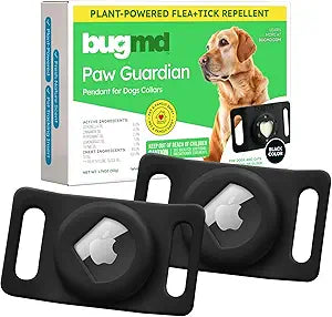 BugMD Paw Guardian Flea & Tick Pendant (2-Pack) with AirTag Holder â€“ Plant-Based Flea & Tick Prevention for Dogs â€“ Pet Collar Tag & GPS Tracker Holder for Dogs â€“ Black