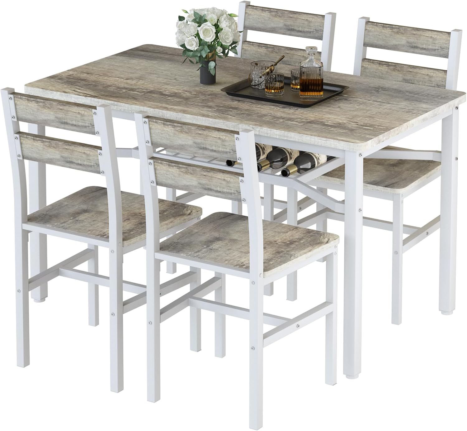 Hooseng Dining Table Set for 4, Wood Kitchen Table Chairs Set with Storage, Farmhouse 5 Piece Dining Room Table Set, Space-Saving Dinette Set for Breakfast Nook, Apartment