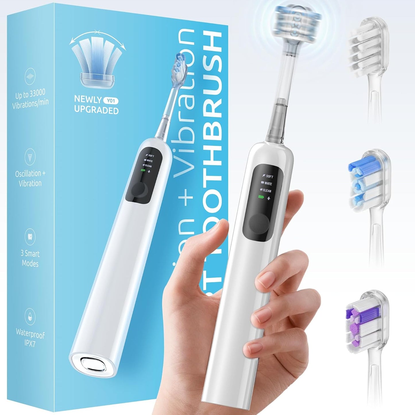 SYNHOPE 60° Oscillating Sonic Electric Toothbrush, Rechargeable Battery & Fast Charge [Oscillation 60° Swing Amplitude] 3 Brush Heads, IPX7 & Teeth Whitening Ultrasonic Cleaning Tooth Brush.