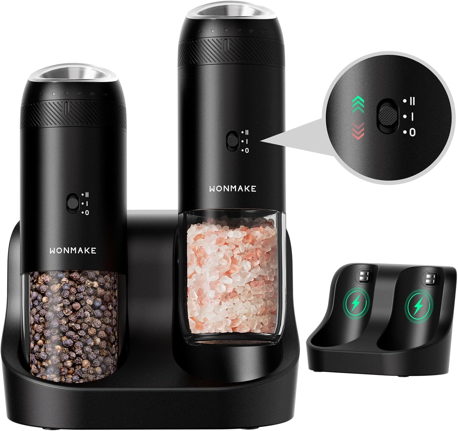 WONMAKE Gravity Electric Salt and Pepper Grinder Set with Charging Base, Automatic Salt and Pepper Mill, 6-Level Adjustable Coarseness, Dual Speed, and Large 5.95oz Capacity