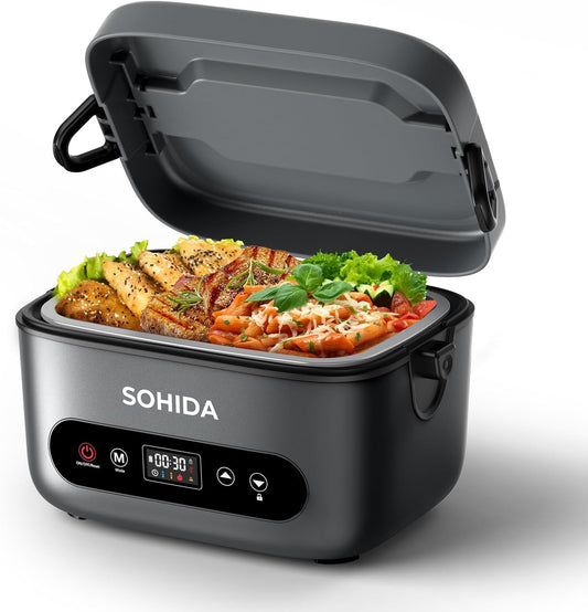 SOHIDA 100W Cordless Electric Lunch Box for Adults & Men, Rechargeable Battery Powered Heated Lunch Box, 1.2L Portable Food Warmer Lunchbox with 5-Sided Heating for Work Car Outdoor Use